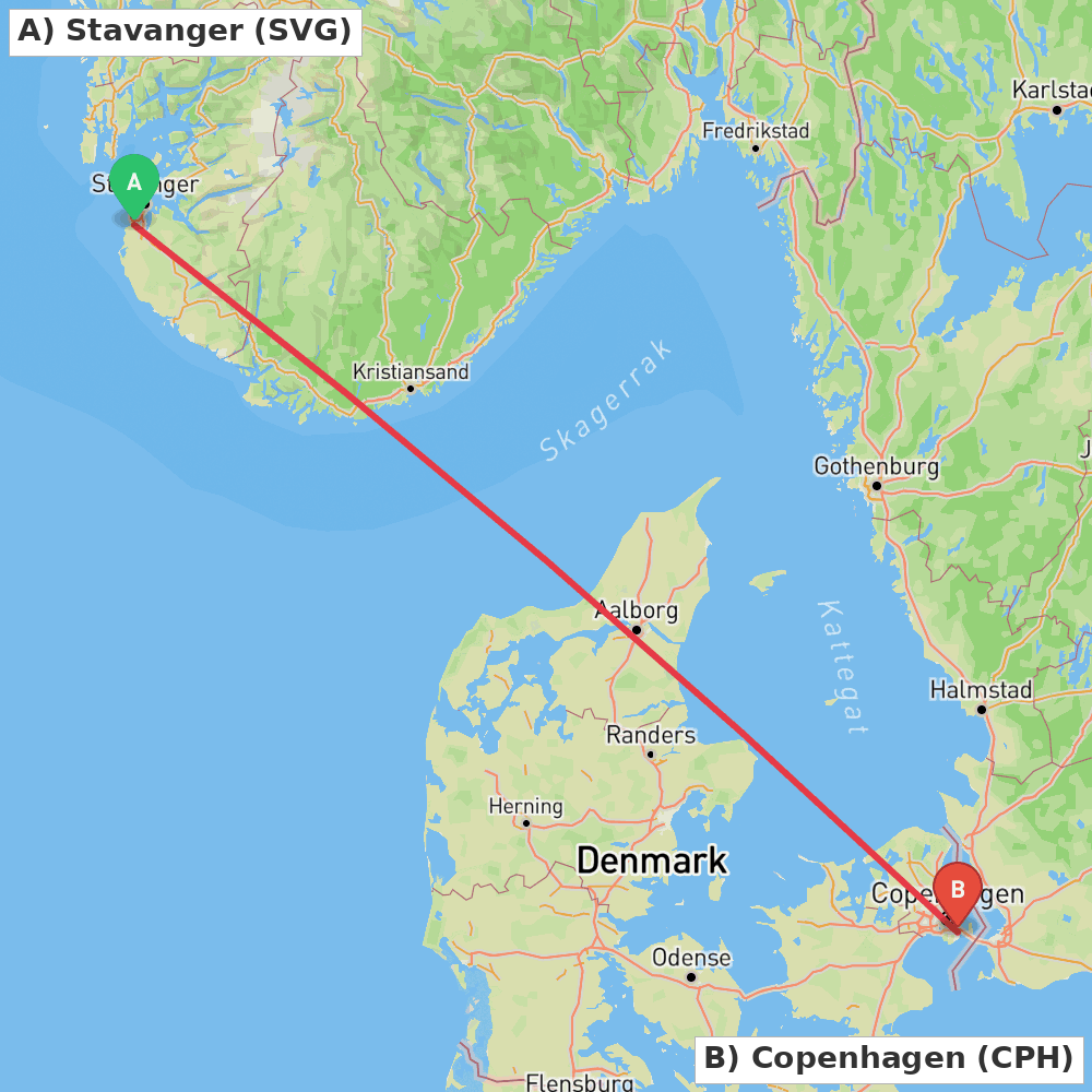Flight route map from Stavanger to Copenhagen