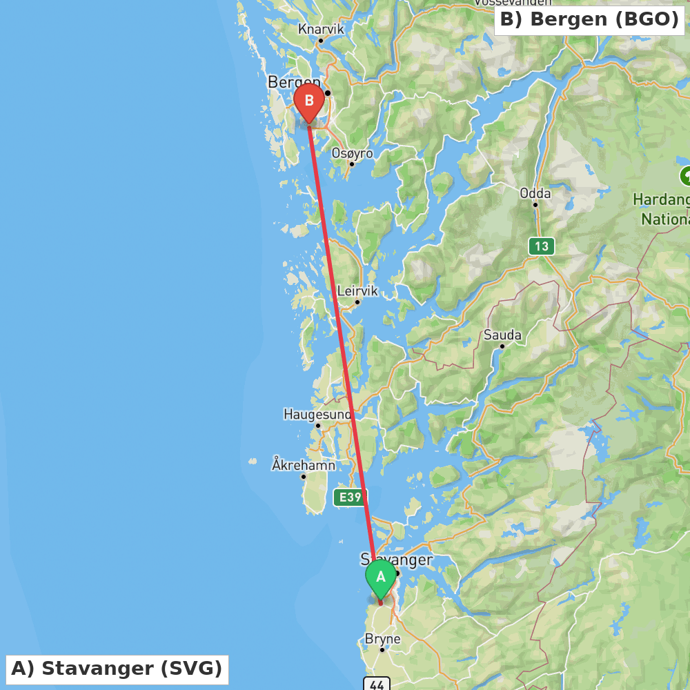 Flight route map from Stavanger to Bergen