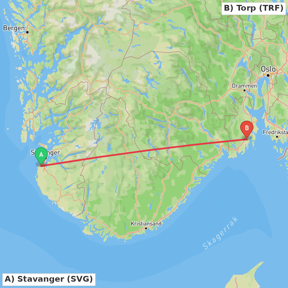 Flight route map from Stavanger to Torp