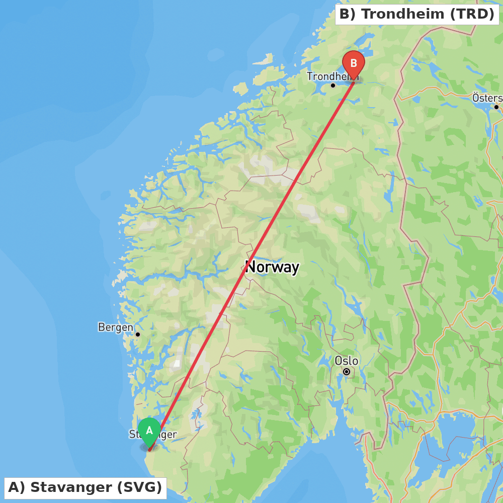 Flight route map from Stavanger to Trondheim