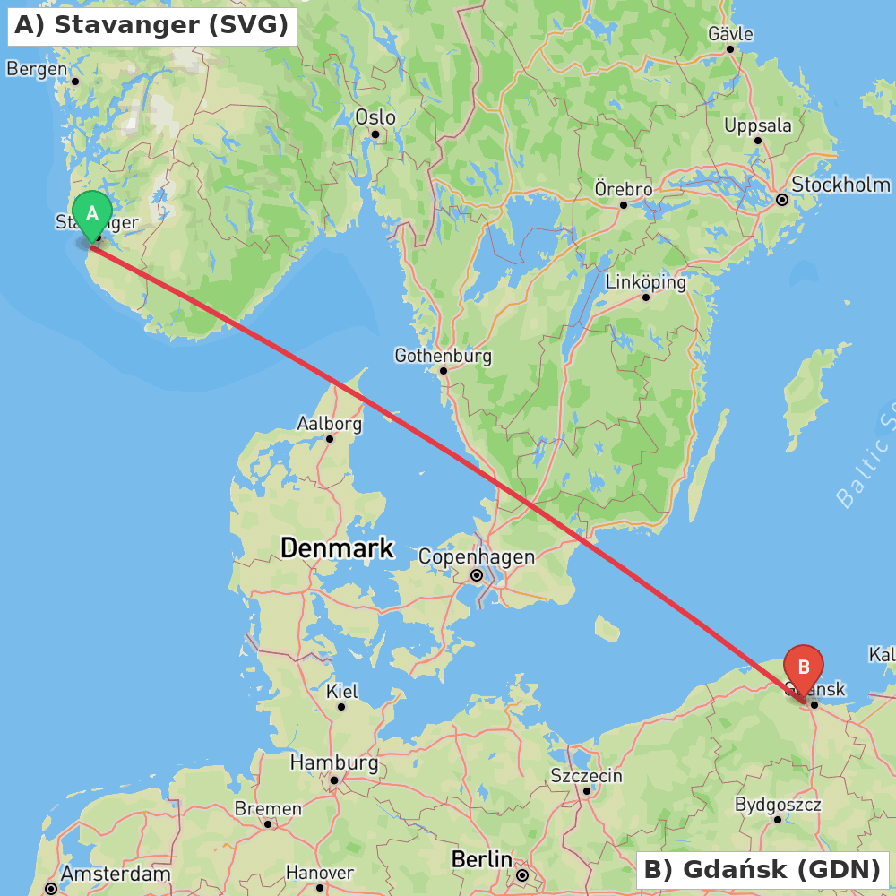 Flight route map from Stavanger to Gdańsk