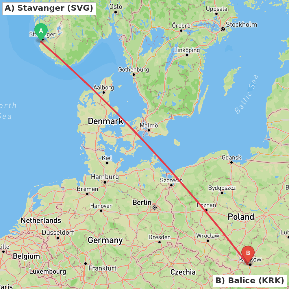 Flight route map from Stavanger to Balice