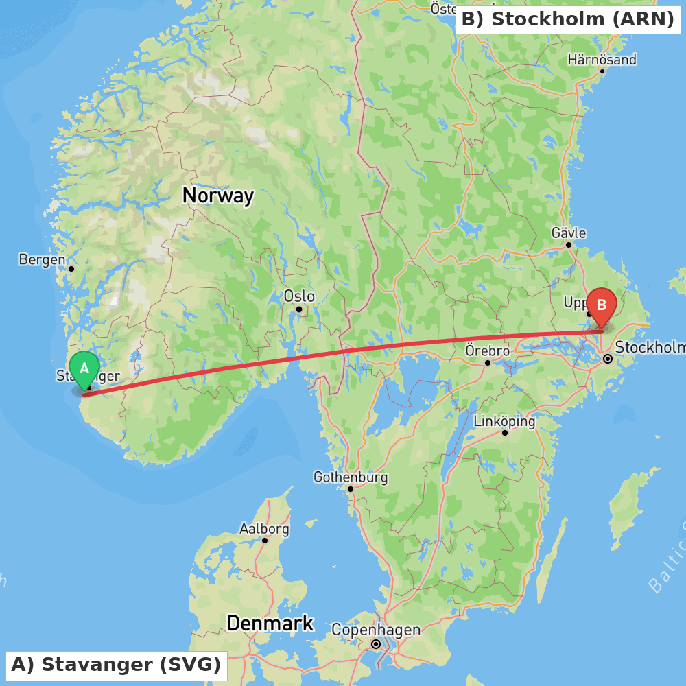 Flight route map from Stavanger to Stockholm