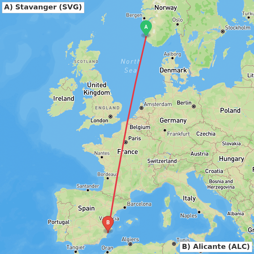 Flight route map from Stavanger to Alicante