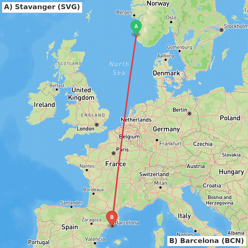 Flight route map from Stavanger to Barcelona