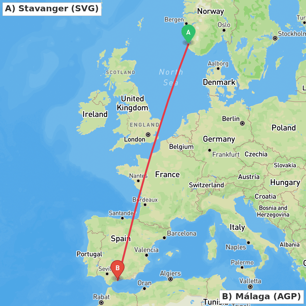 Flight route map from Stavanger to Málaga