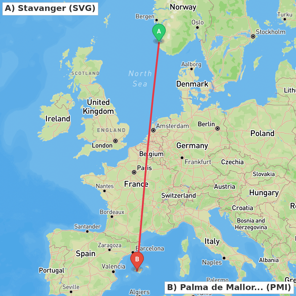 Flight route map from Stavanger to Palma de Mallorca