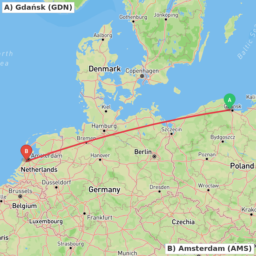 Flight route map from Gdańsk to Amsterdam