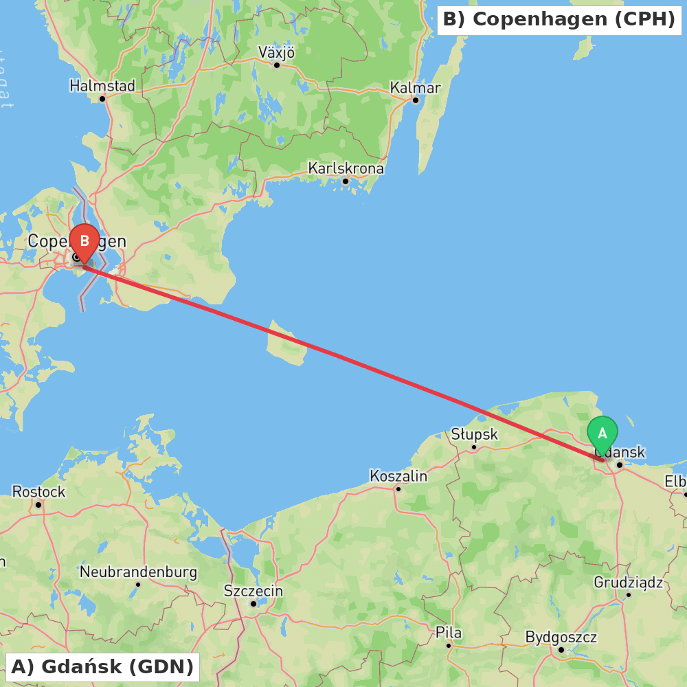 Flight route map from Gdańsk to Copenhagen