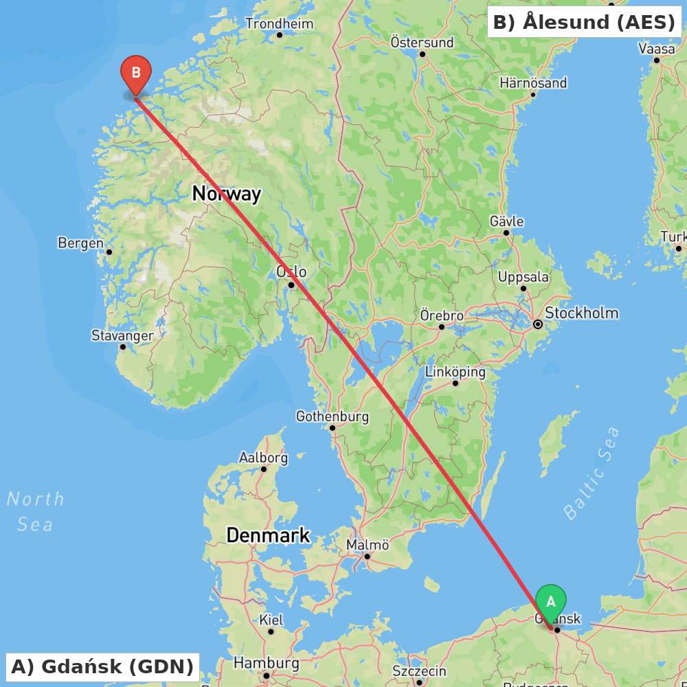 Flight route map from Gdańsk to Ålesund