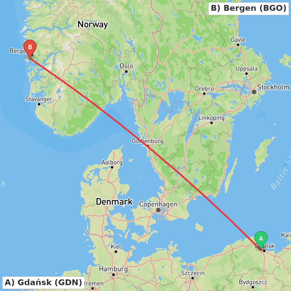 Flight route map from Gdańsk to Bergen
