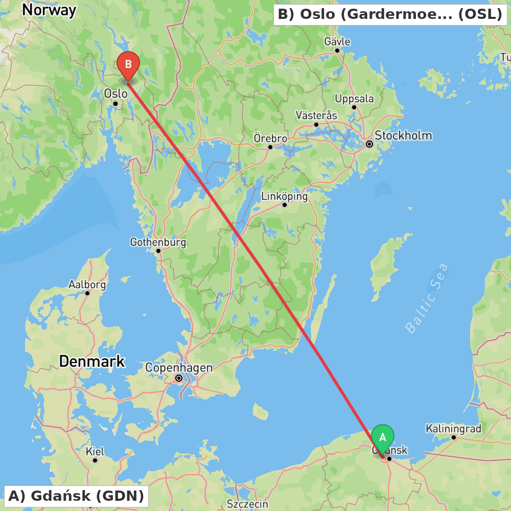 Flight route map from Gdańsk to Oslo (Gardermoen)