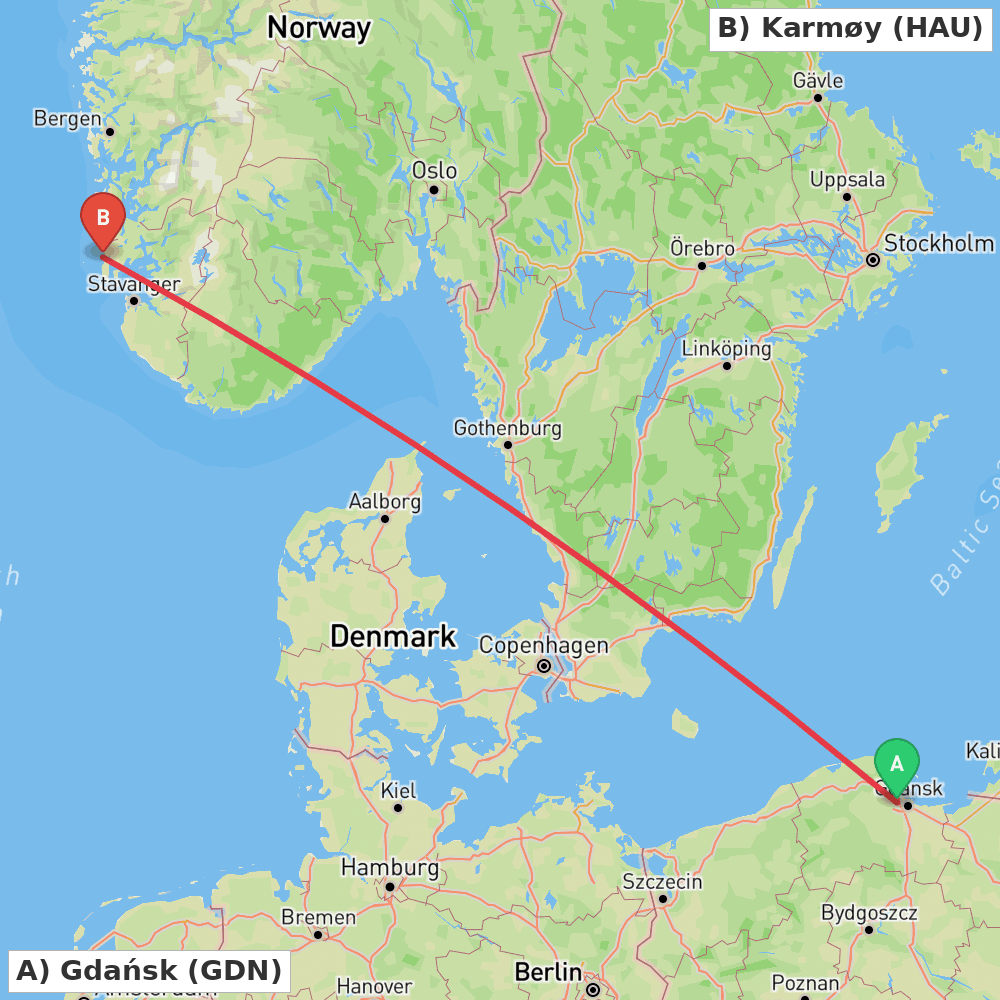 Flight route map from Gdańsk to Karmøy