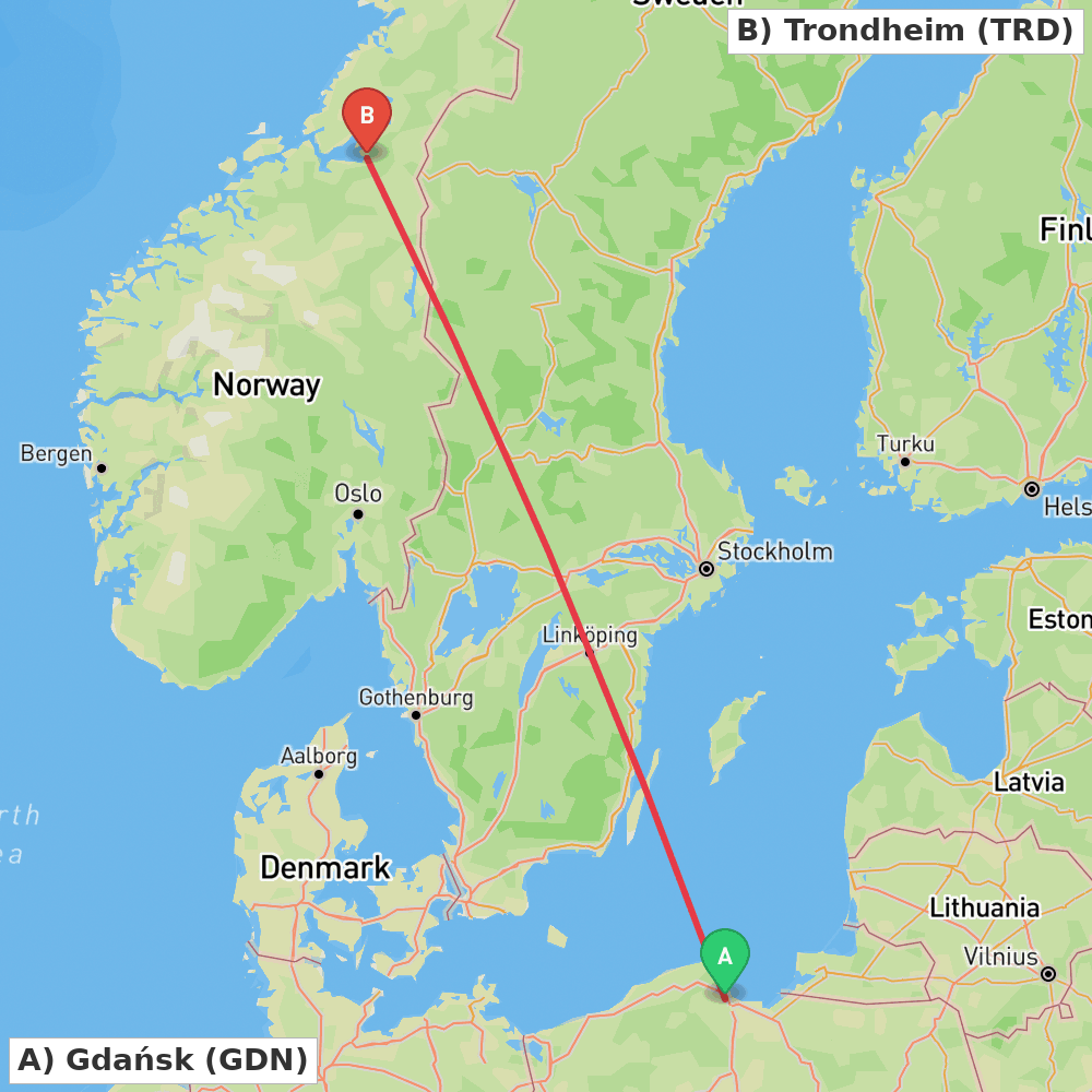 Flight route map from Gdańsk to Trondheim