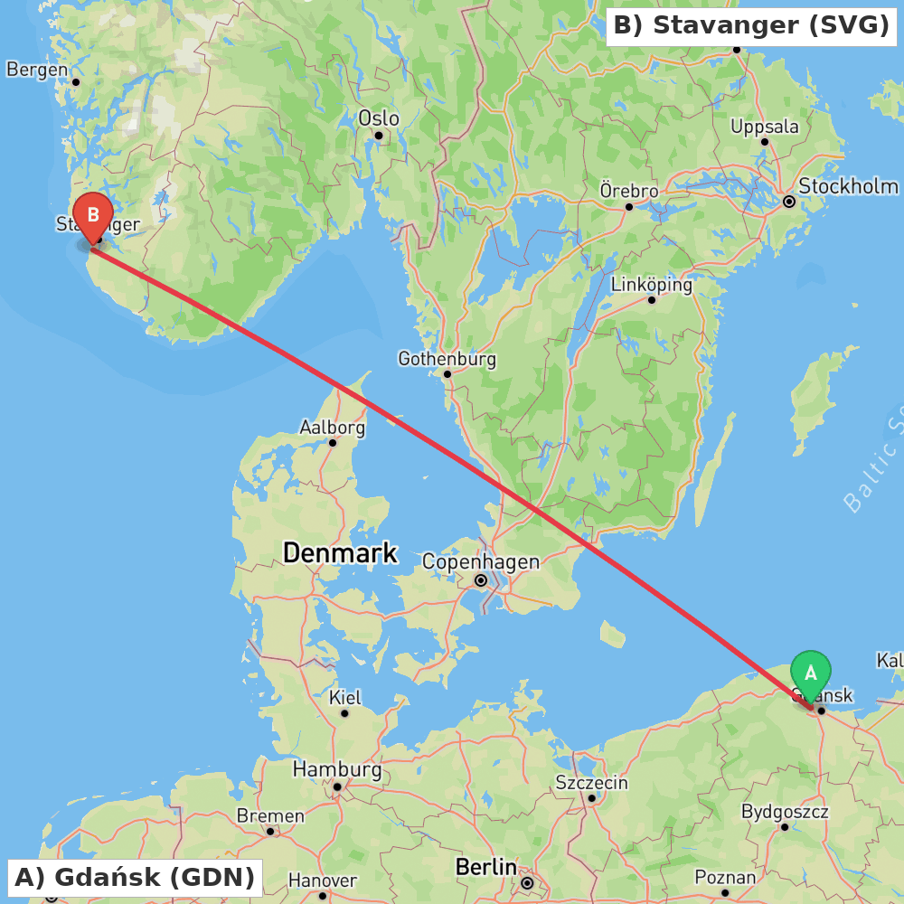 Flight route map from Gdańsk to Stavanger