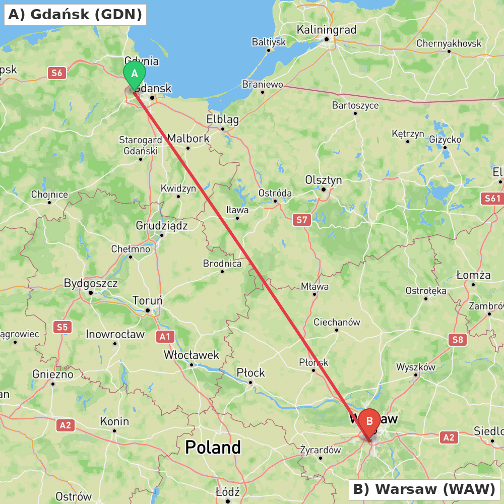 Flight route map from Gdańsk to Warsaw