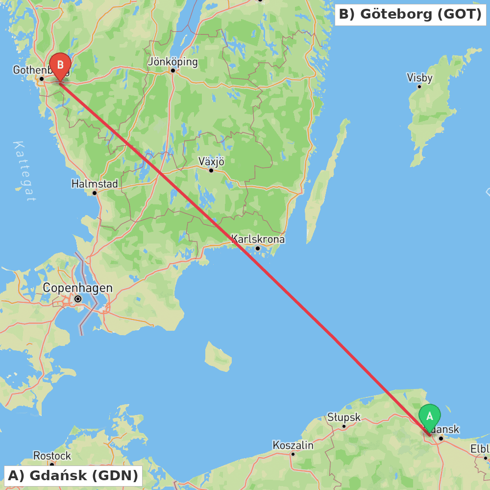 Flight route map from Gdańsk to Göteborg