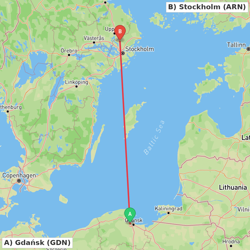 Flight route map from Gdańsk to Stockholm