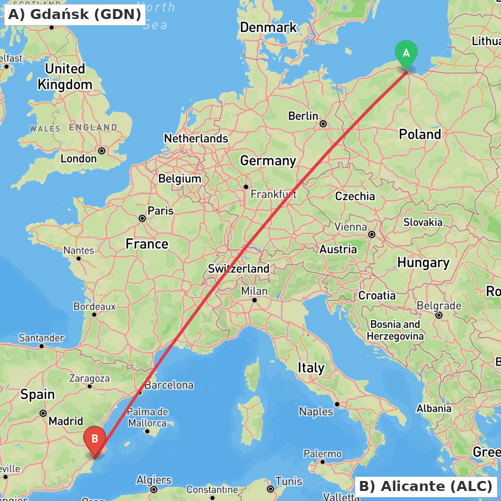 Flight route map from Gdańsk to Alicante