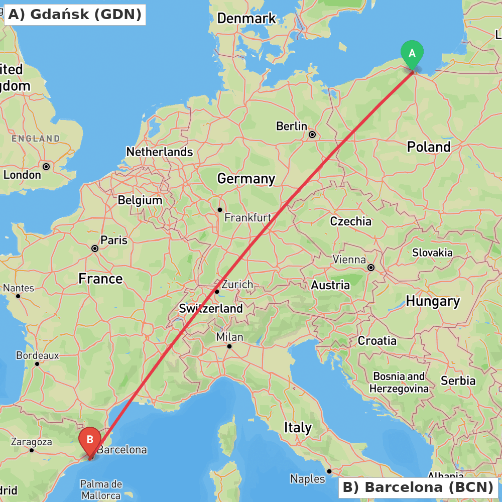Flight route map from Gdańsk to Barcelona