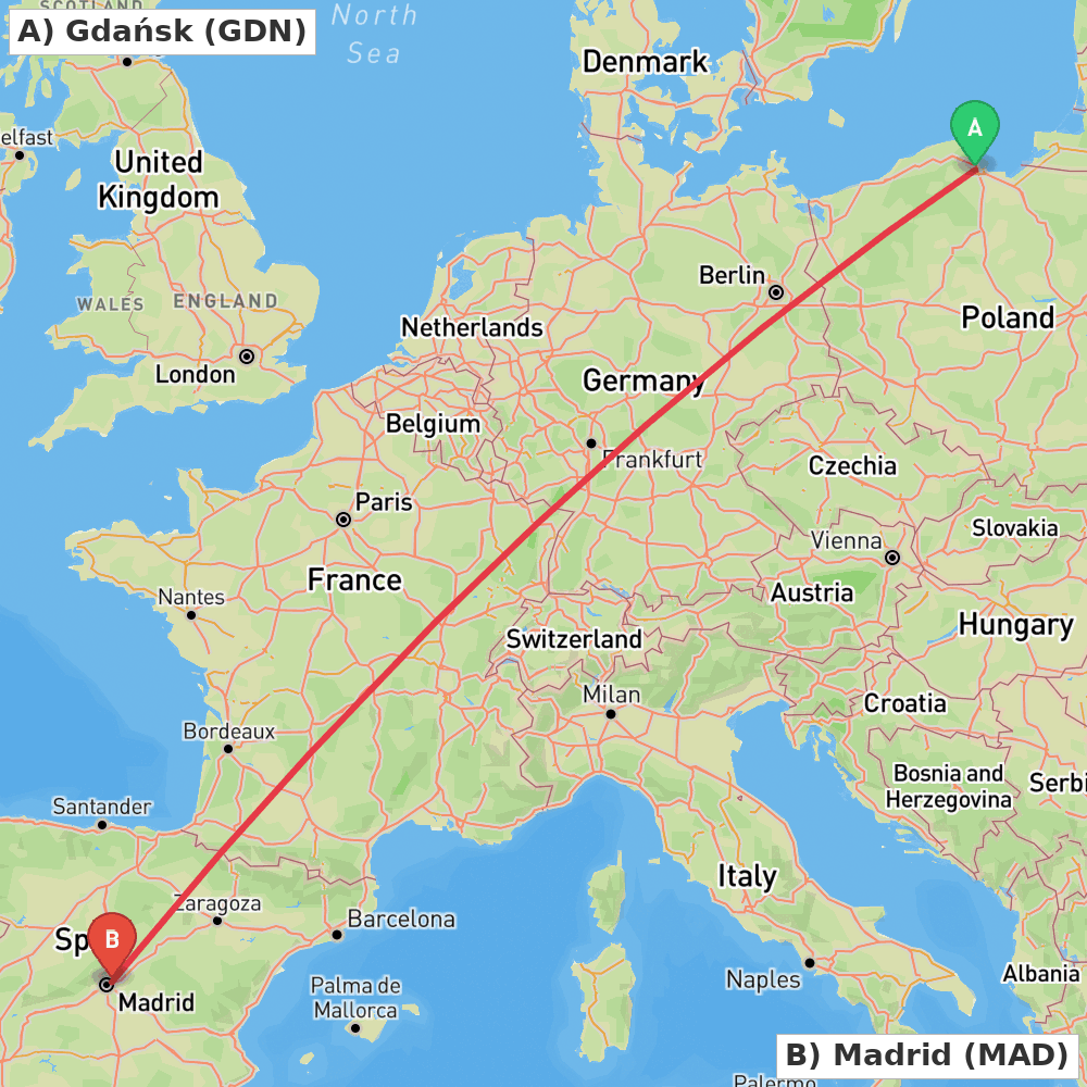 Flight route map from Gdańsk to Madrid