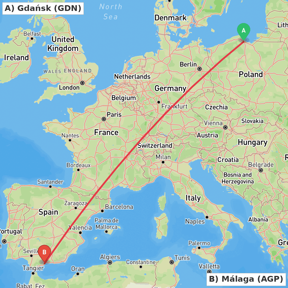 Flight route map from Gdańsk to Málaga
