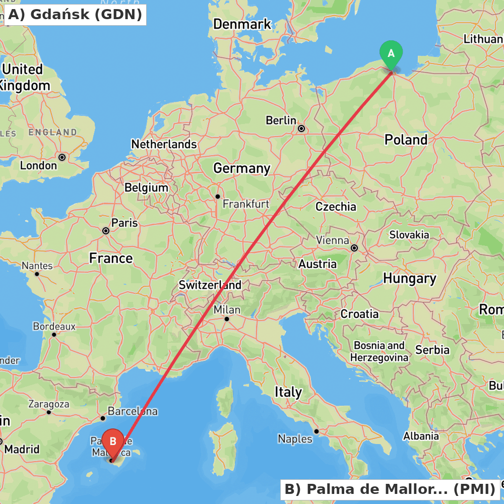 Flight route map from Gdańsk to Palma de Mallorca