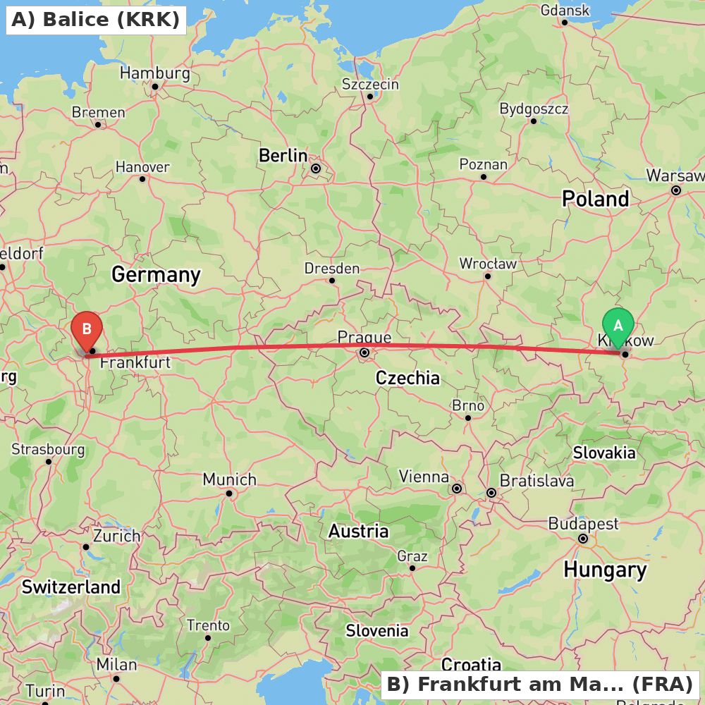 Flight route map from Balice to Frankfurt am Main