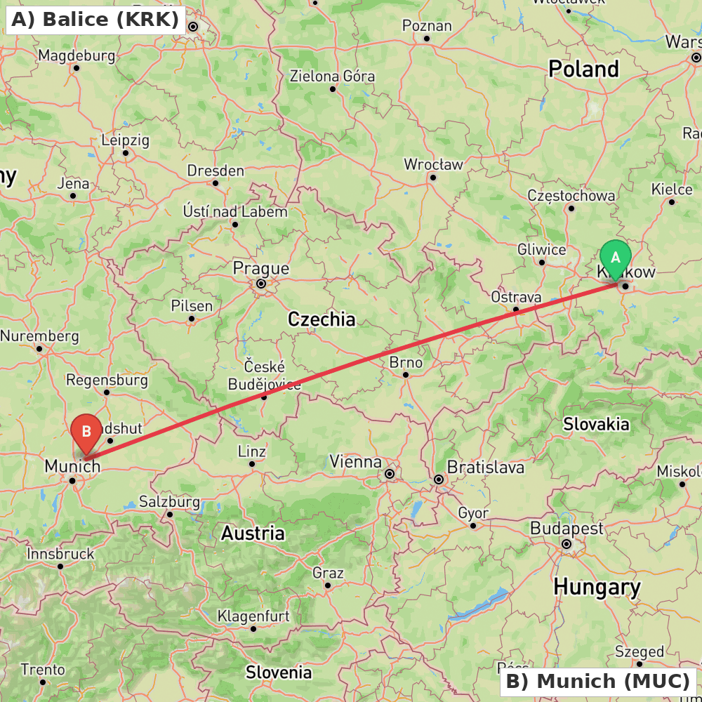 Flight route map from Balice to Munich