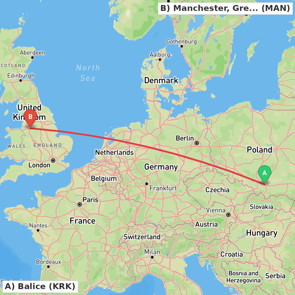 Flight route map from Balice to Manchester, Greater Manchester