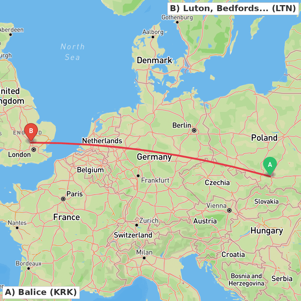 Flight route map from Balice to Luton, Bedfordshire