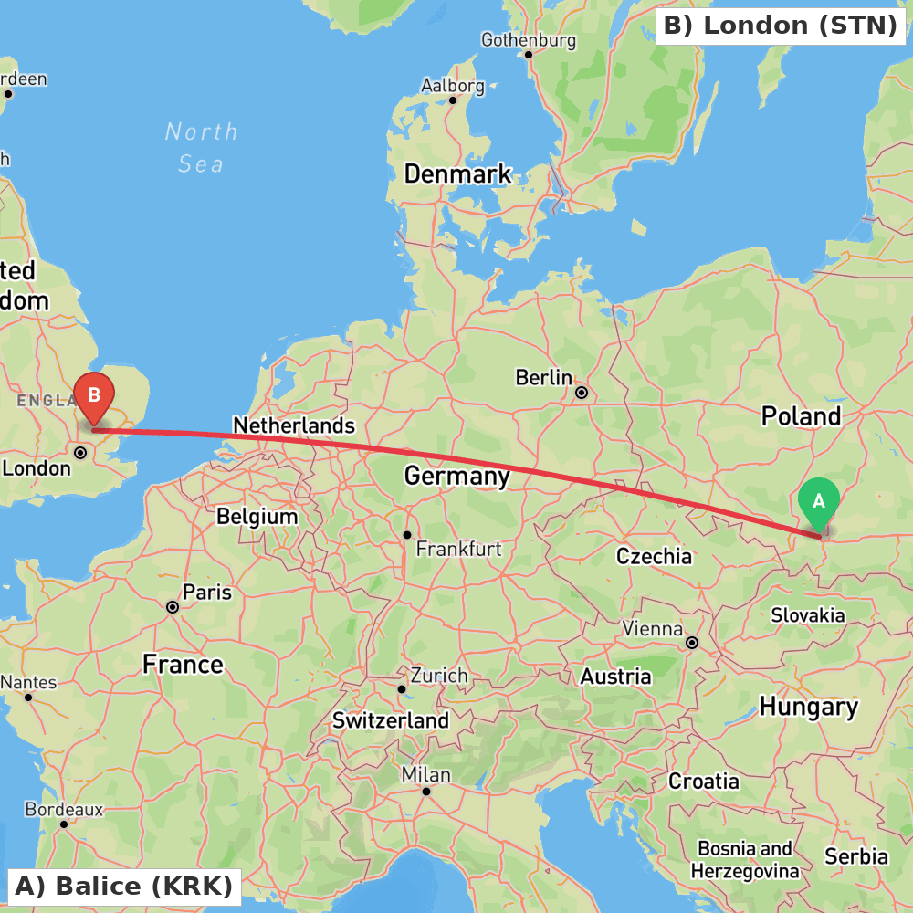 Flight route map from Balice to London