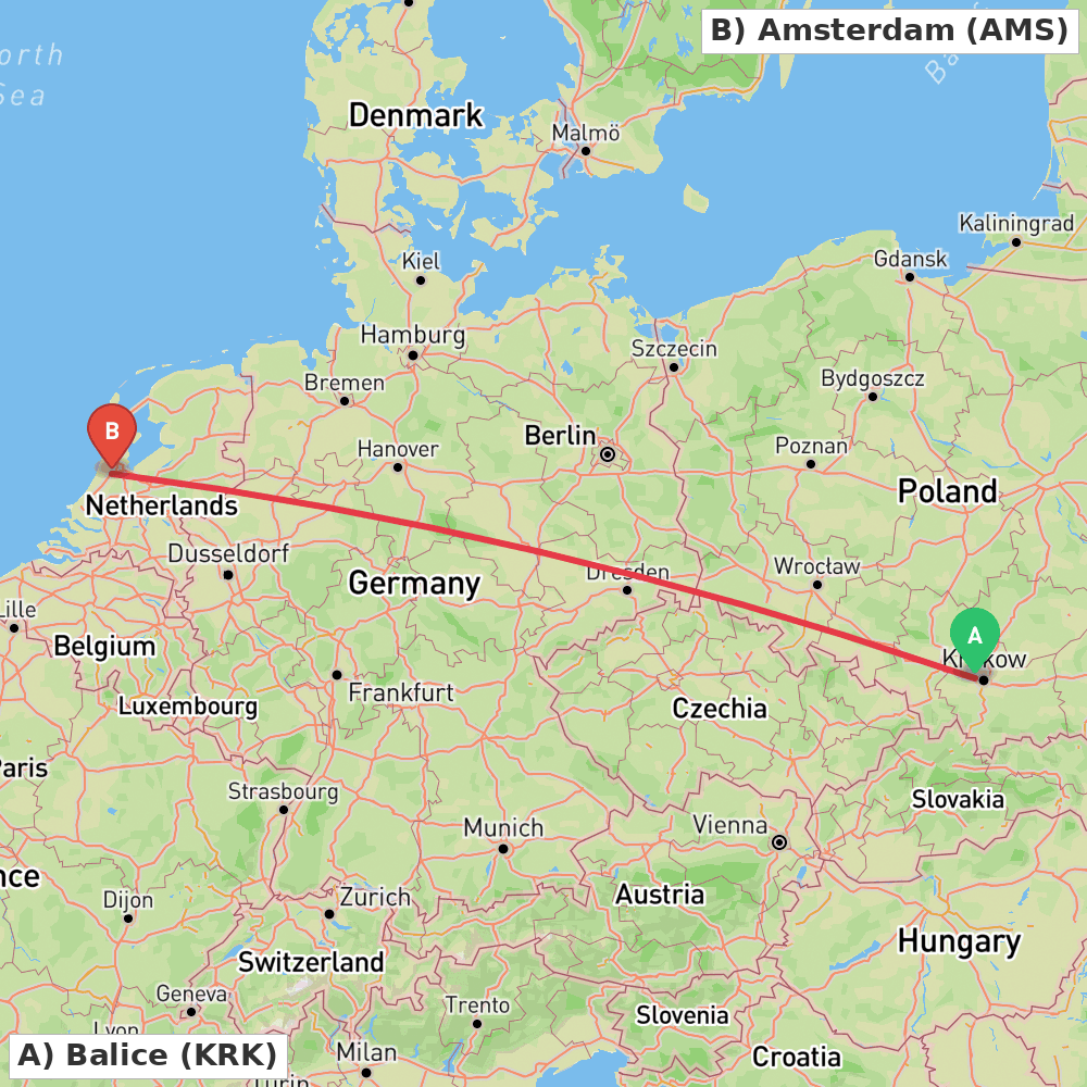 Flight route map from Balice to Amsterdam