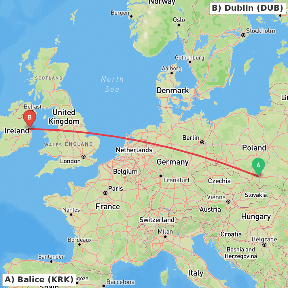 Flight route map from Balice to Dublin