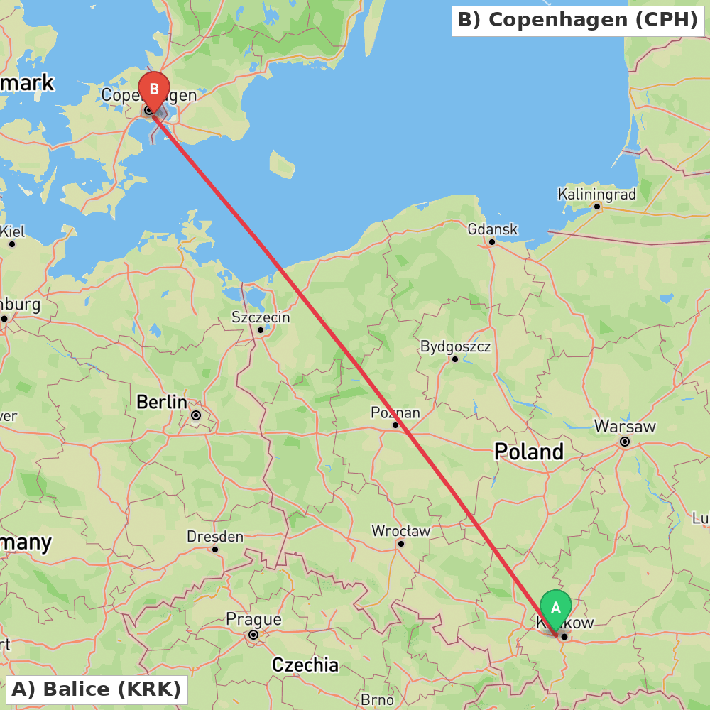 Flight route map from Balice to Copenhagen