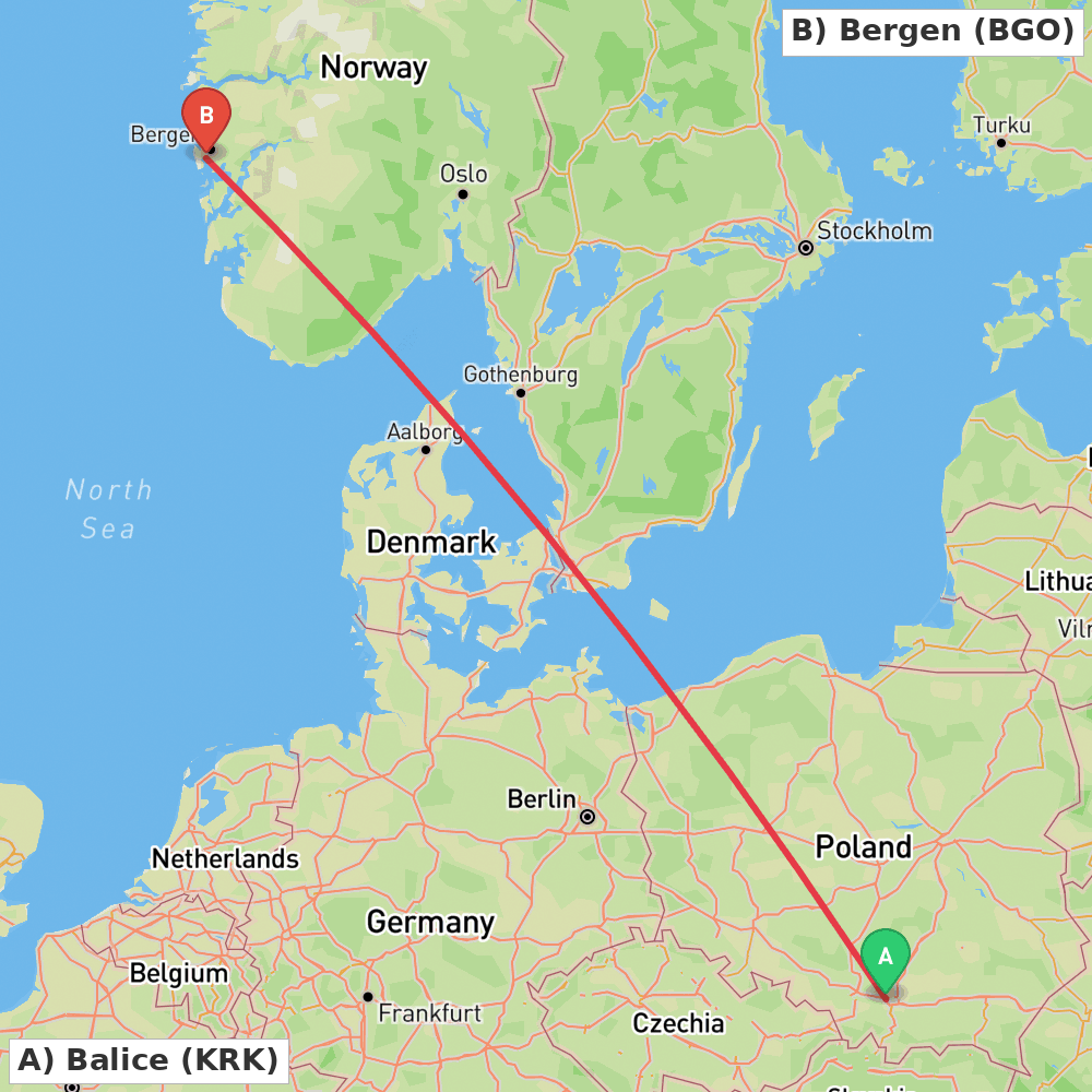 Flight route map from Balice to Bergen