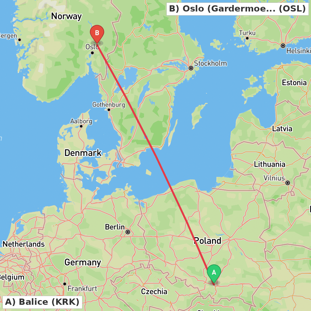 Flight route map from Balice to Oslo (Gardermoen)