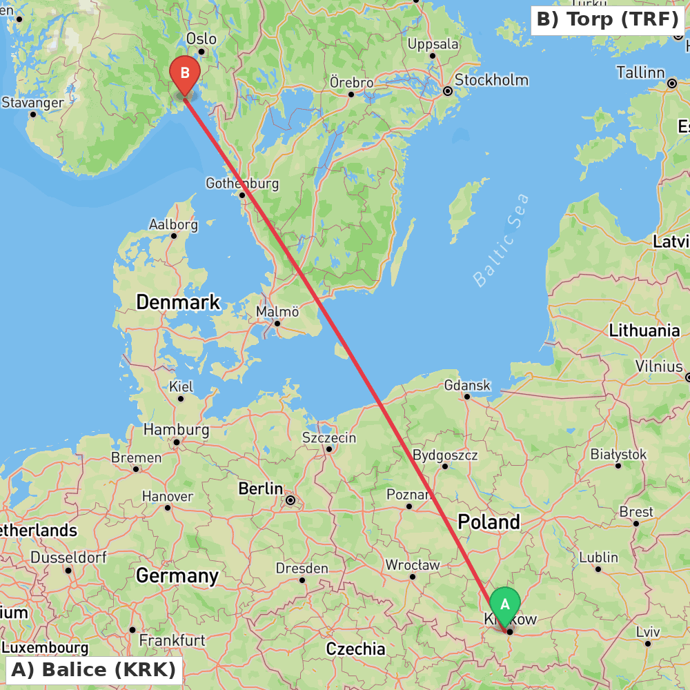 Flight route map from Balice to Torp
