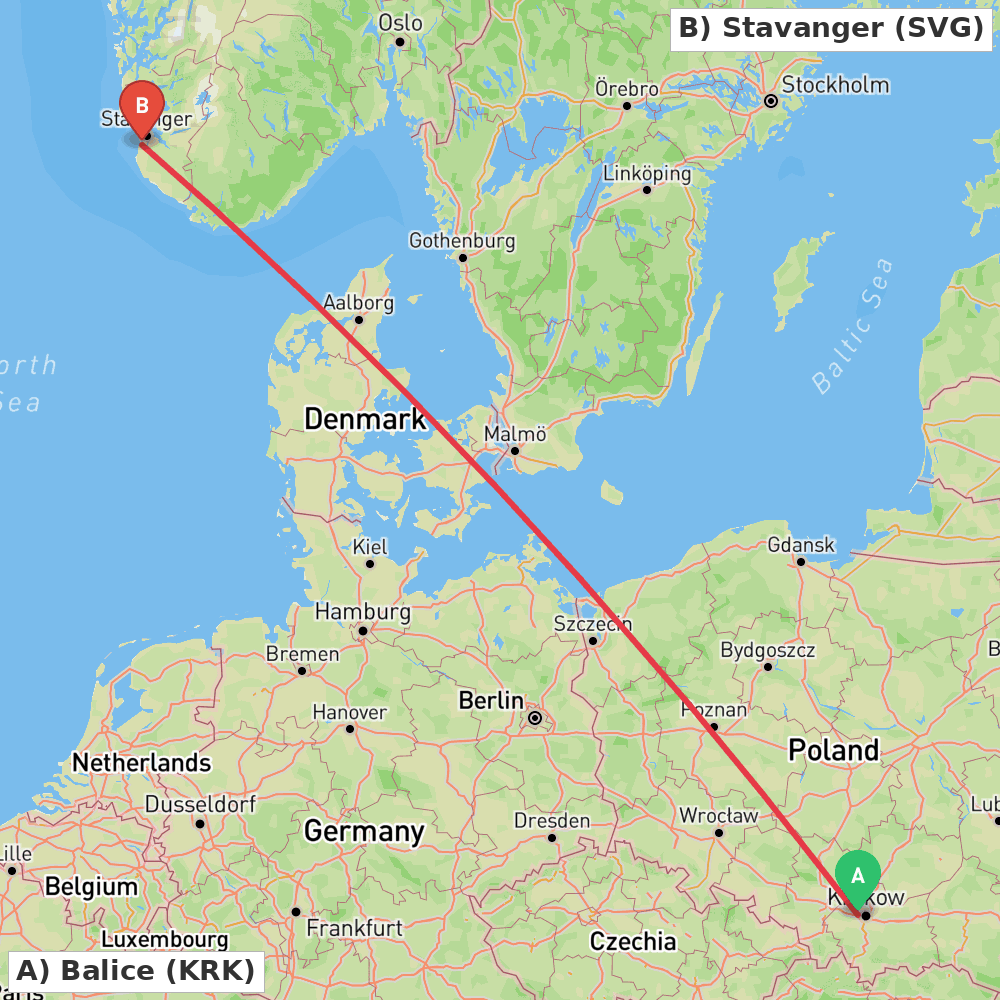 Flight route map from Balice to Stavanger