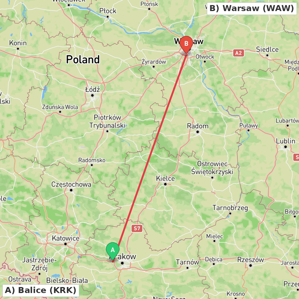 Flight route map from Balice to Warsaw
