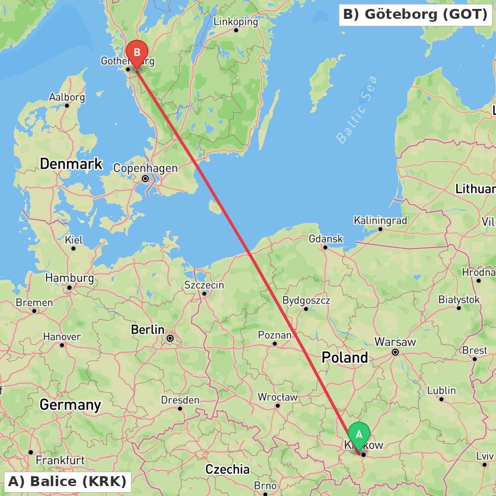Flight route map from Balice to Göteborg