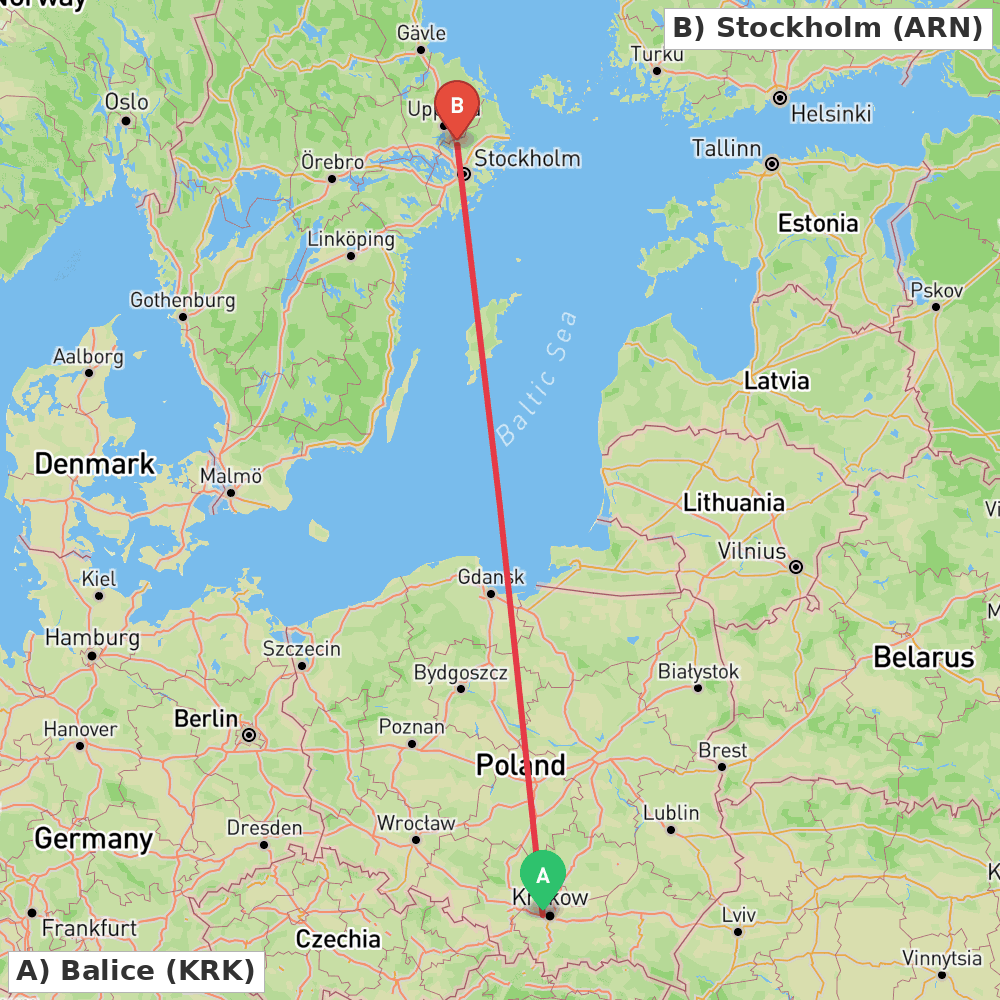 Flight route map from Balice to Stockholm