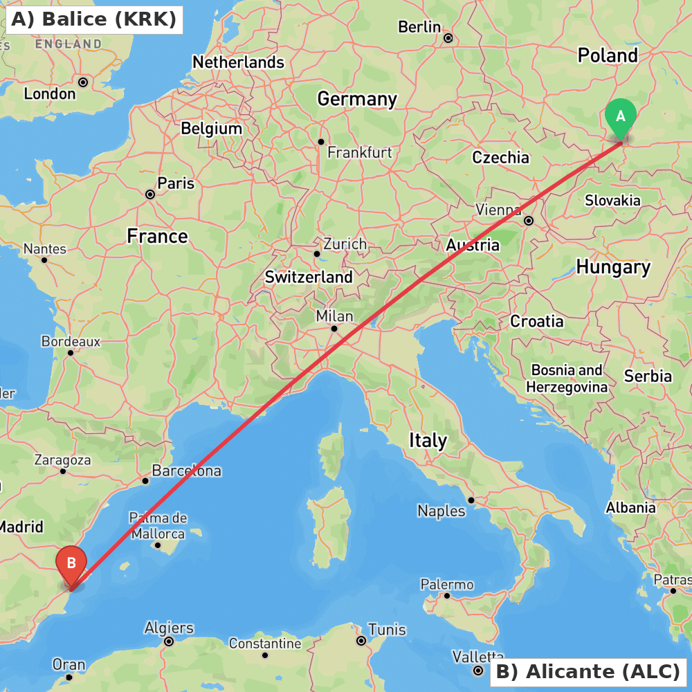 Flight route map from Balice to Alicante