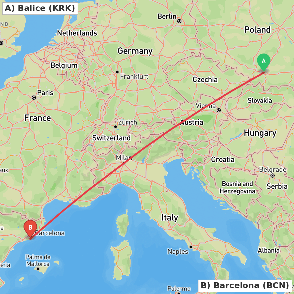 Flight route map from Balice to Barcelona