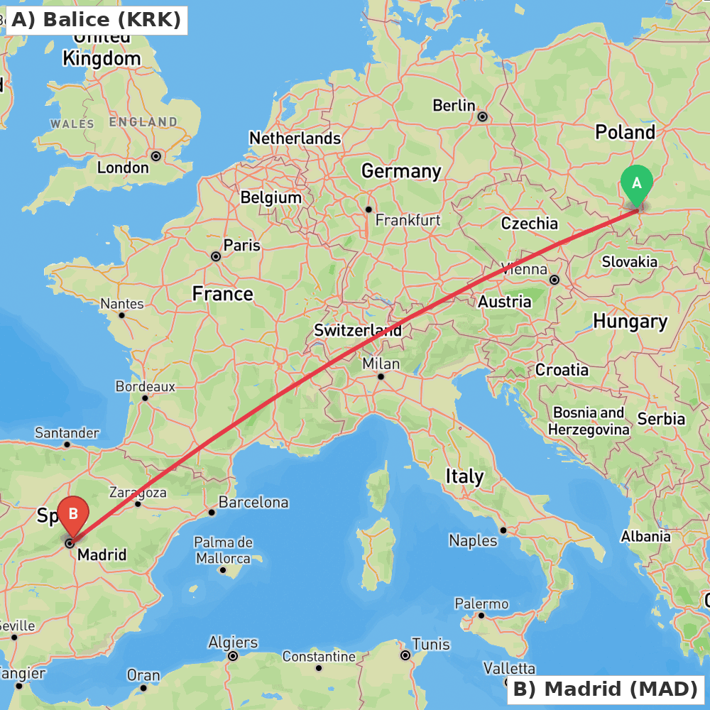 Flight route map from Balice to Madrid