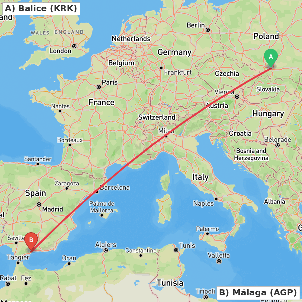 Flight route map from Balice to Málaga