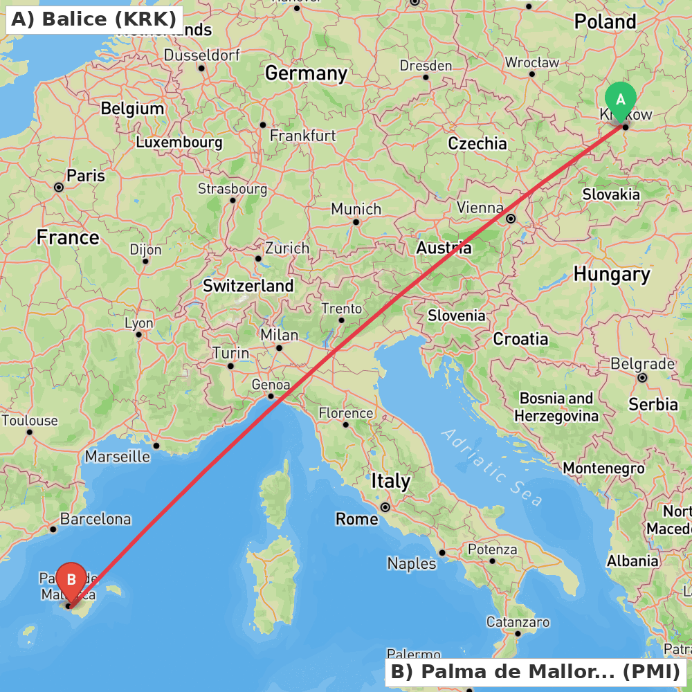 Flight route map from Balice to Palma de Mallorca