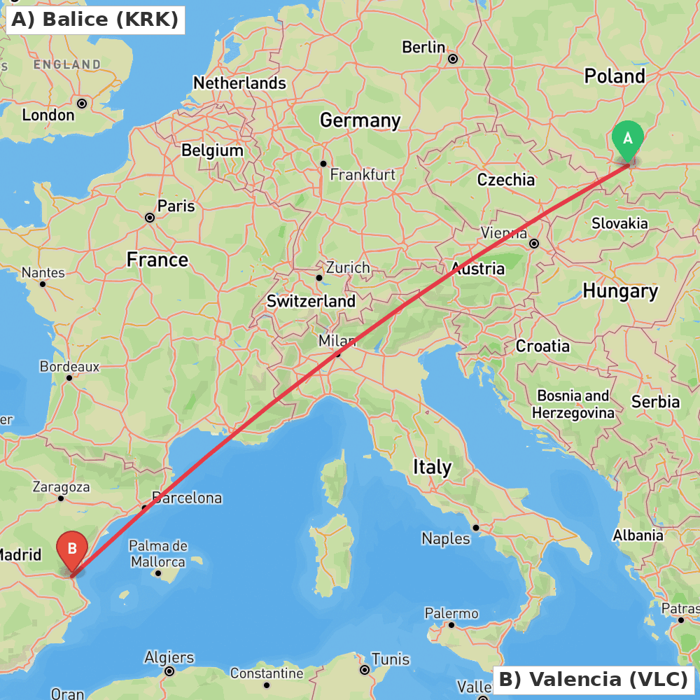 Flight route map from Balice to Valencia