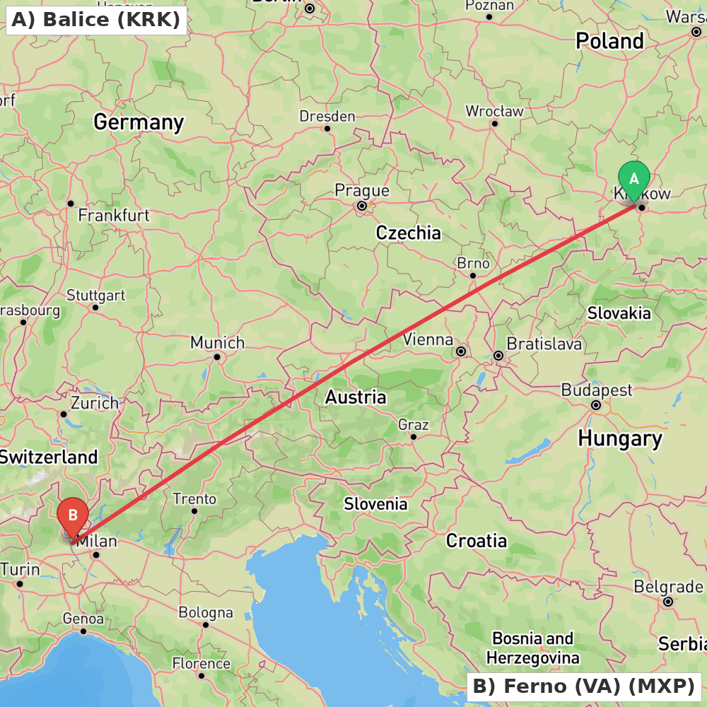 Flight route map from Balice to Ferno (VA)