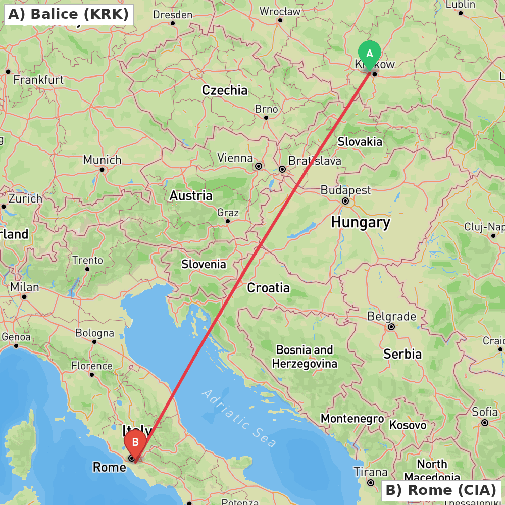Flight route map from Balice to Rome